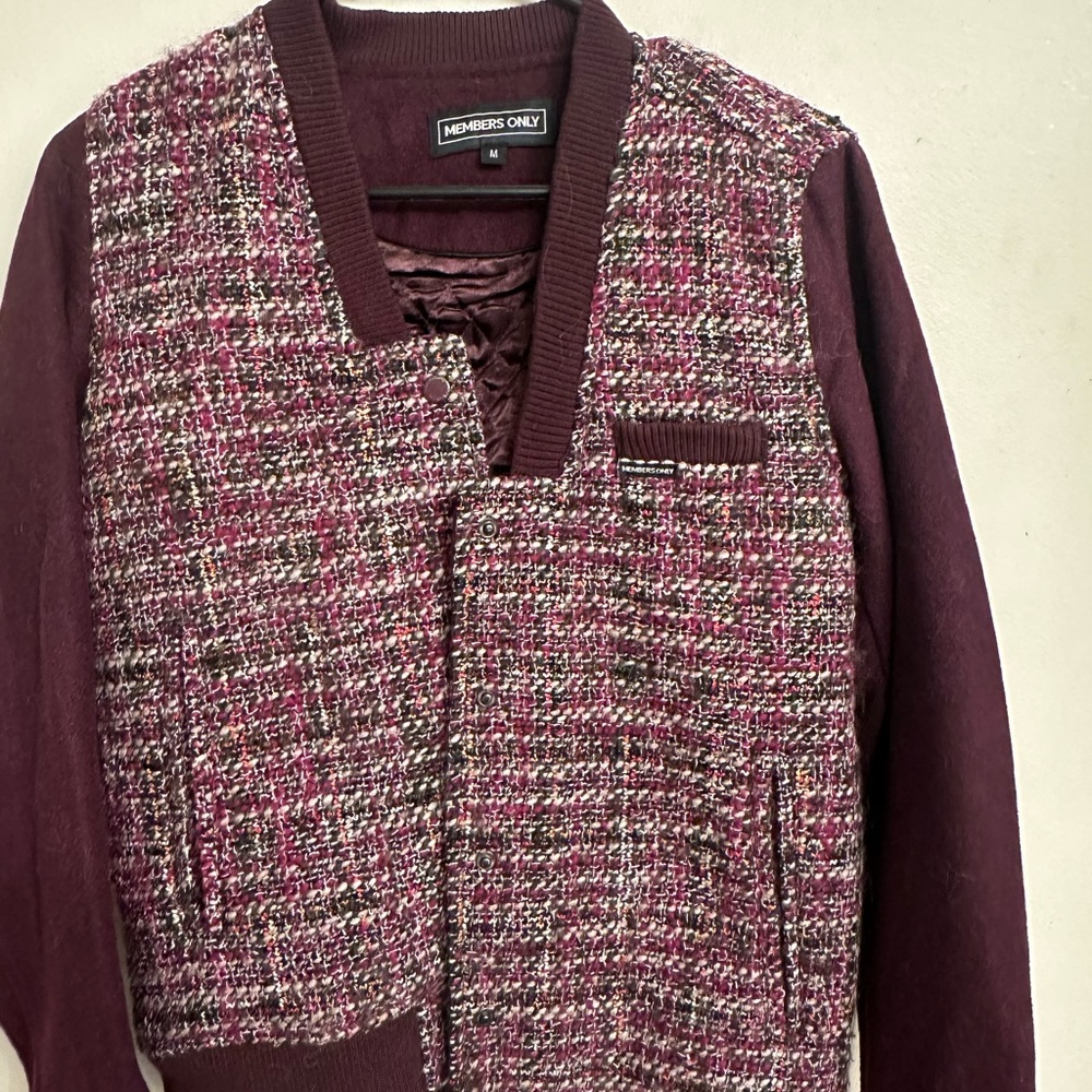 Members Only Tweed Bomber Jacket Burgundy Medium